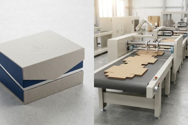 Packaging Production to Premium Packaging machinery processes flat cardboard box blanks on a conveyor, contrasting with a stack of premium beige and navy blue rigid boxes.