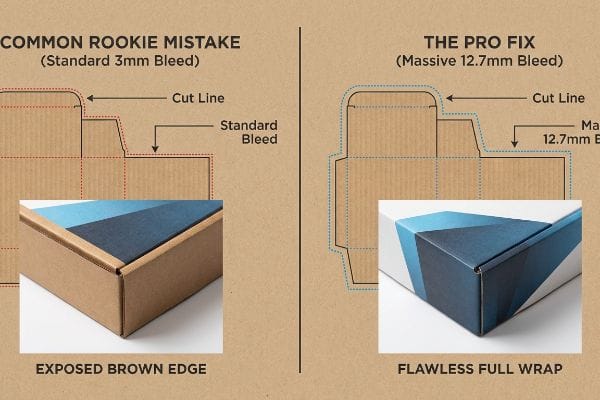 Packaging Bleed Margin Comparison Detailed comparison of packaging box bleed margins, showing a Common Rookie Mistake with 3mm bleed causing an Exposed Brown Edge versus The Pro Fix with a Massive 12.7mm Bleed for a Flawless Full Wrap.