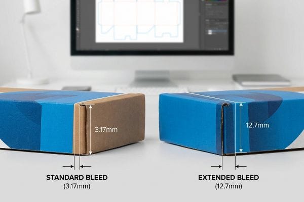 Two corrugated boxes demonstrate bleed margins: Standard Bleed (3.17mm) vs. Extended Bleed (12.7mm), essential for packaging lamination.