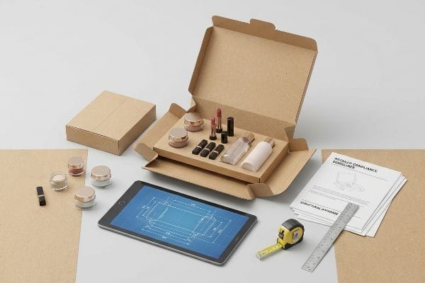 An open cardboard box with cosmetic products, a tablet displaying a packaging blueprint, measuring tape, and 'Retailer Compliance Guidelines' for display box dimensions.