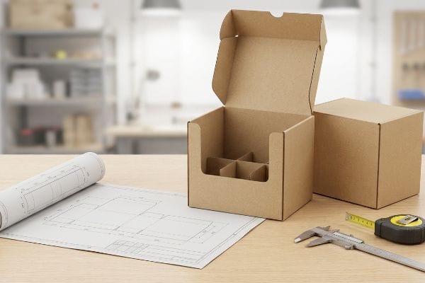 Workbench with open custom display box, closed packaging, blueprints, caliper, and measuring tape for precise dimensioning.