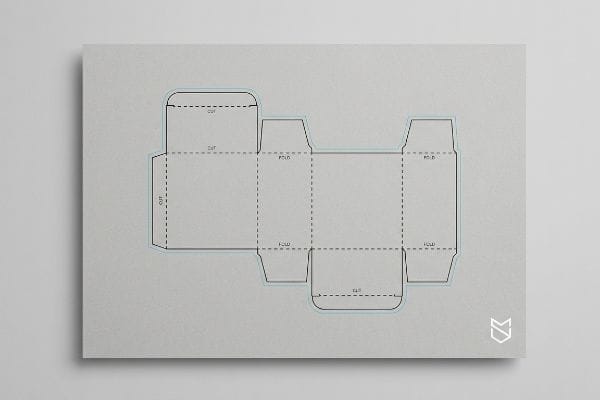 Packaging Box Dieline Template A detailed dieline for custom packaging, featuring solid cut lines and dotted fold lines with 'Cut' and 'Fold' labels.