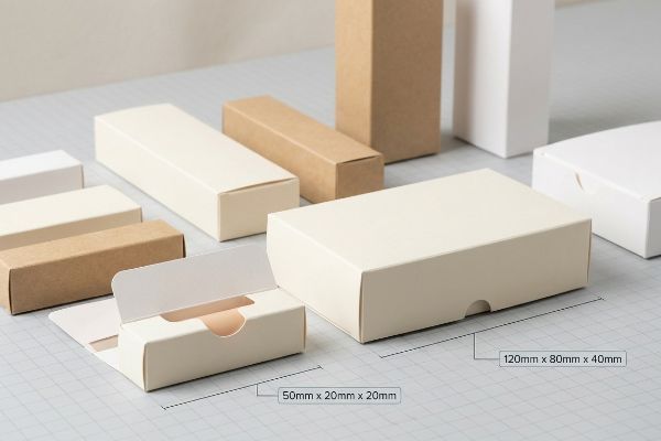 Cosmetic Box Dimensions Display Arrangement of diverse cosmetic packaging boxes in white, cream, and kraft, highlighting dimensions 50mm x 20mm x 20mm and 120mm x 80mm x 40mm.