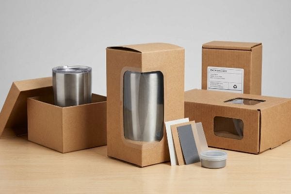 Packaging Boxes Tumblers Samples Kraft paper packaging boxes, including window boxes with stainless steel tumblers, and material samples.