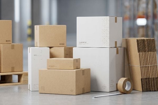 Warehouse Packaging Logistics Stacked brown and white packaging boxes with a tape roll and utility knife on a warehouse floor, ready for logistics and shipping.