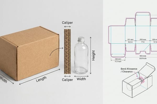 Box Dimensions Caliper Corrugated box, caliper, and glass bottle dimensions with a technical dieline showing bend allowance and clearance.