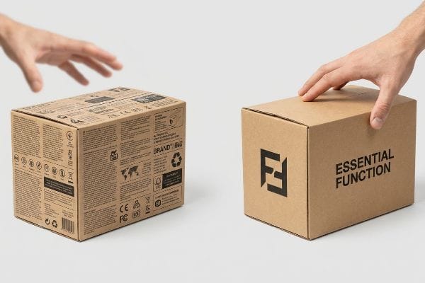 Caixas de cartão canelado castanho, uma repleta de textos regulamentares e a inscrição "Sede da Marca", a outra apresentando um logótipo geométrico limpo e a inscrição "Função Essencial".