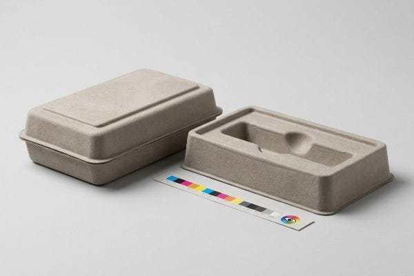 Sustainable molded fiber packaging trays, one open with a product cavity, next to a CMYK color calibration chart.