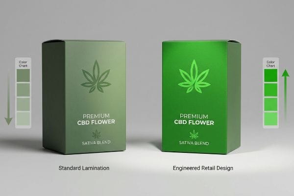 Lamination Color Shift Premium CBD Flower boxes: muted green Standard Lamination versus vibrant Engineered Retail Design, showing color charts.