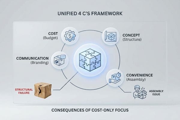 Unified 4 C's Framework Unified 4 C's Framework diagram with Cost, Concept, Communication, Convenience, showing structural failure and assembly issues from cost-only focus.