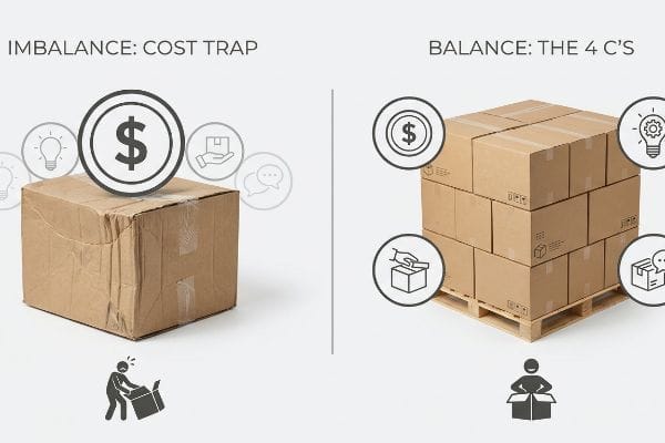 4 C's Packaging Balance Crumpled cardboard box, 'Imbalance: Cost Trap', contrasts with pallet of sturdy boxes, 'Balance: The 4 C's of packaging'.