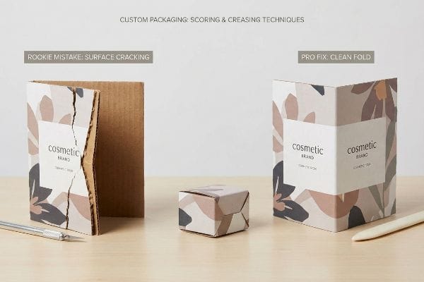 Packaging Scoring Techniques Corrugated cardboard packaging demonstrates a rookie mistake of surface cracking versus a pro fix with a clean fold for a cosmetic brand.