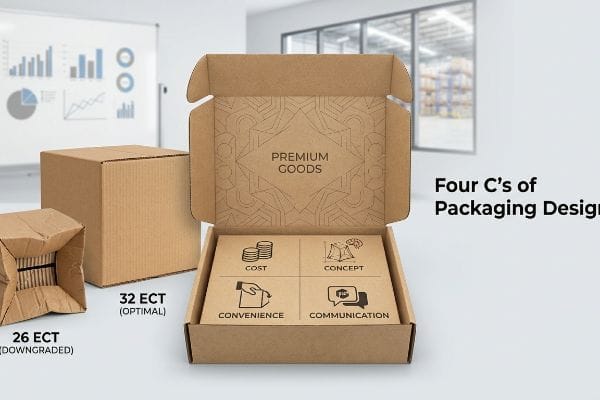 تُظهر الصناديق الكرتونية المموجة العناصر الأربعة الأساسية لتصميم التغليف: التكلفة، والمفهوم، والراحة، والتواصل. أبرزها صندوق المنتجات الفاخرة، وصندوق ECT الأمثل بتقييم 32، وصندوق ECT المخفّض بتقييم 26.
