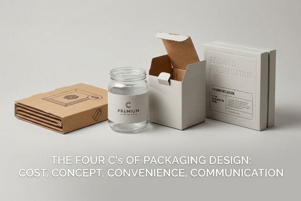 Four C's Packaging Examples Brown flat-packed boxes, a Premium glass jar, and light grey Embossed Presentation and Communication boxes illustrate the Four C's of packaging design.