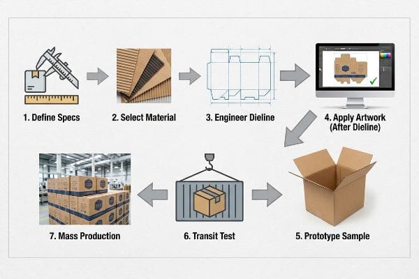 Corrugated cardboard sheets, a caliper, and a dieline blueprint illustrate the 7-step packaging design process, from defining specifications to mass production.