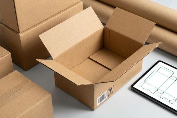 Packaging Design Blueprint Boxes An open corrugated cardboard box with a Fragile label, alongside stacked boxes and a tablet showing a packaging die-cut blueprint, for custom design.