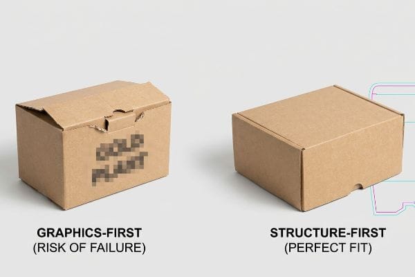 Brown corrugated cardboard boxes illustrating Graphics-First (Risk of Failure) with a misaligned box and Structure-First (Perfect Fit) with a perfectly formed box, highlighting custom packaging design.