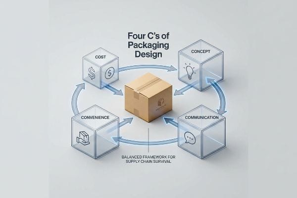Four C's Framework Packaging Design's Four C's diagram: Cost, Concept, Convenience, Communication, a balanced framework for supply chain survival.