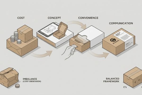 Un diagrama isométrico muestra las cuatro C del diseño de envases: Costo (cajas, monedas), Concepto (tableta, caja abierta), Conveniencia (cajón de apertura fácil) y Comunicación (caja con la marca "BRANDED", "COMPLY"). Contrasta el "Desequilibrio (Obsesión por el costo)" con un "Marco equilibrado".