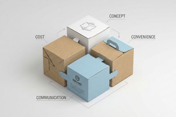 パッケージデザインの4つのC 4つの立方体ボックスは、パッケージデザインにおける4つのC、すなわちコンセプト、コスト、利便性、コミュニケーションを表現しており、それぞれにブランドロゴがあしらわれている。.