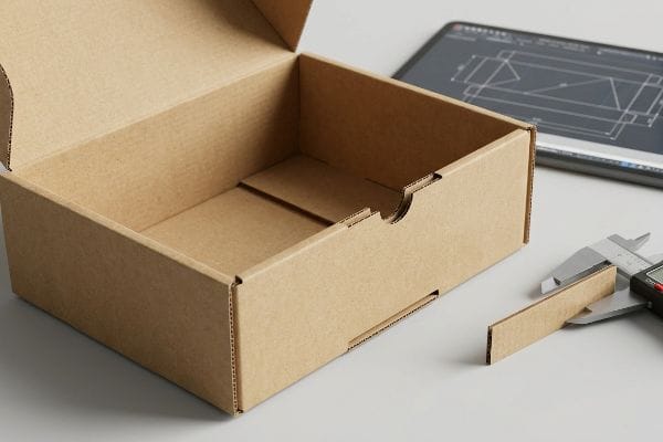 Packaging Design Measurement Brown corrugated box, digital caliper measuring cardboard, and tablet showing a dieline for precision packaging design.