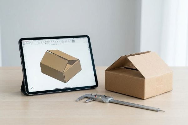 Packaging Design Assistance A tablet displays a digital rendering of a cardboard box next to its physical model and a caliper, highlighting design assistance.