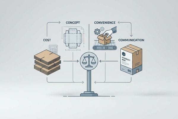 Packaging Four C's Balance Stack of cardboard sheets and calculator represent 'Cost' in packaging design, balancing 'Concept' die-line, 'Convenience' assembly, and 'Communication' 'Product Box' on a central scale.