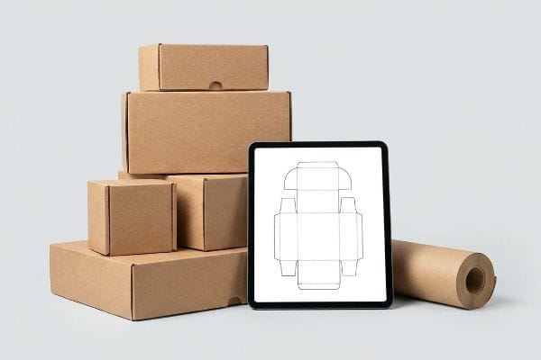 Box Structural Engineering Design Brown cardboard boxes and a tablet displaying a precise die-cut packaging template for structural engineering.