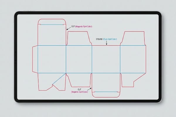Packaging Die Line Diagram A digital die line for packaging on a tablet, showing Cut (Magenta Spot Color) and Grease (Cyan Spot Color) lines for box construction.