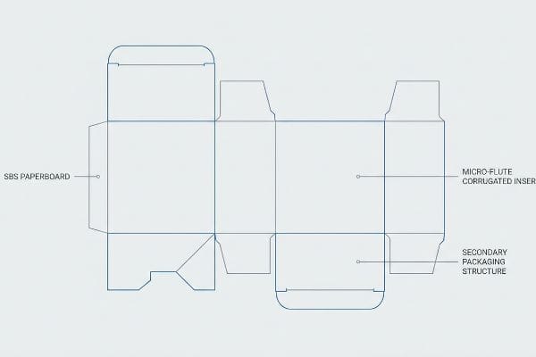 Packaging Die-Line Blueprint Unfolded die-line blueprint illustrating SBS Paperboard, Micro-Flute Corrugated Insert, and Secondary Packaging Structure for cosmetic packaging.