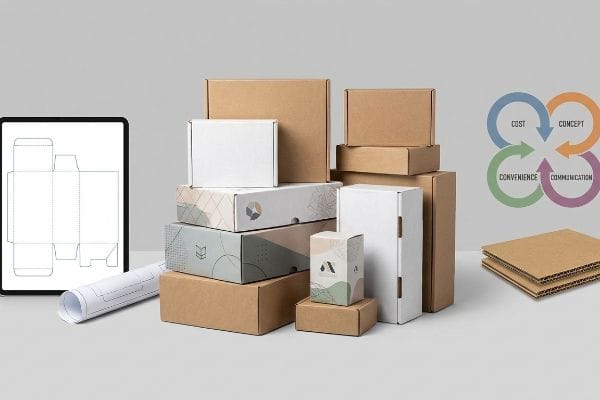 Corrugated packaging boxes, structural dieline on tablet, 4 C's diagram: Cost, Concept, Convenience, Communication.