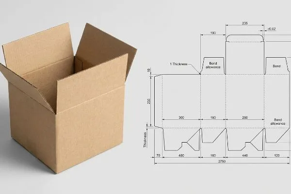 Box Dieline Bend Allowance Brown corrugated cardboard box next to its technical dieline drawing, showing bend allowance, 1 thickness, and precise dimensions for packaging design.