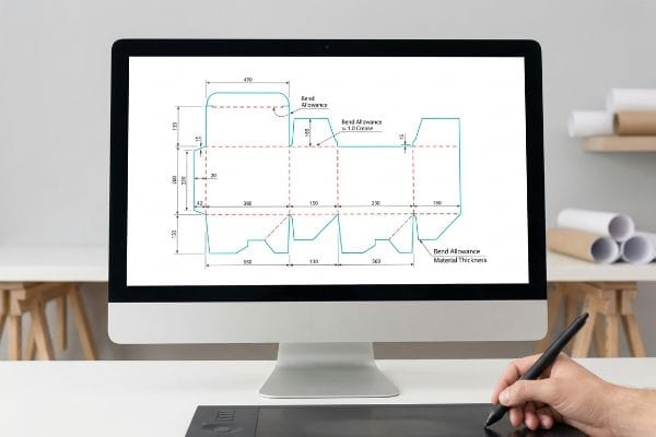 A computer monitor displays a detailed packaging dieline with precise dimensions, bend allowance calculations, and material thickness specifications, as a hand uses a stylus on a graphics tablet.