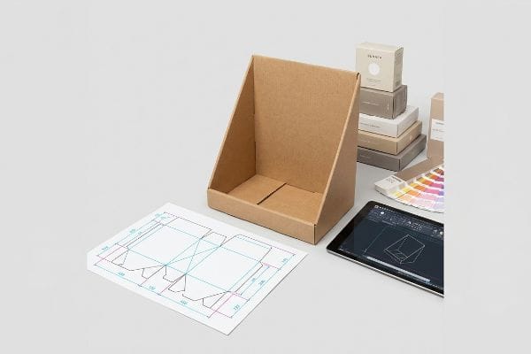 Packaging Design Process Brown corrugated cardboard display box, dieline blueprint, CAD model on tablet, and PMS color swatches for structural packaging design.