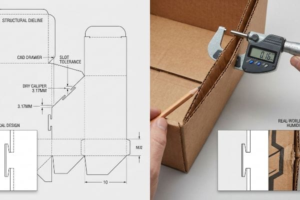 Structural dieline diagram with Dry Caliper 3.17MM and Slot Tolerance, contrasted with a hand measuring corrugated cardboard thickness with a digital micrometer, showing real-world humidity impact.