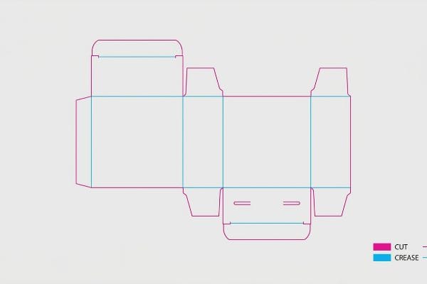 Technical packaging dieline schematic showing magenta Cut lines and cyan Crease lines, with a clear color-coded legend.