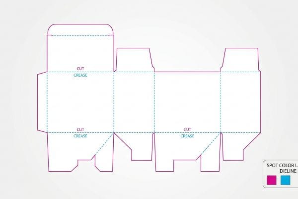 Packaging dieline template with magenta cut lines and cyan crease lines, indicating mechanical spot colors for precise manufacturing.