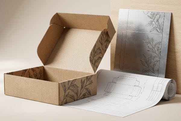 Cosmetics Box Design Process An open micro-fluted corrugated box with a leaf pattern, alongside a packaging dieline blueprint and a metallic die-cutting plate, illustrating custom cosmetics box design.