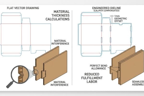 Corrugated cardboard dieline: Flat Vector Drawing shows Material Interference; Engineered Dieline with 1mm Geometric Offset for Seamless Assembly.