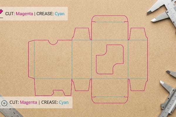 Kraft paper die-line template for die-cut packaging, featuring Cut: Magenta and Crease: Cyan lines, with a caliper.