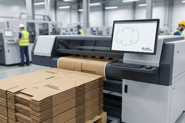 Custom Packaging Dieline Printer An industrial printer produces custom cardboard packaging, with a monitor displaying a dieline template for a Small Business box.
