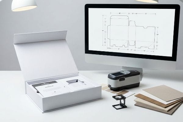 Packaging Dieline Color Measurement An open white magnetic closure box, a monitor with a packaging dieline, a spectrophotometer, and paperboard samples for custom packaging.