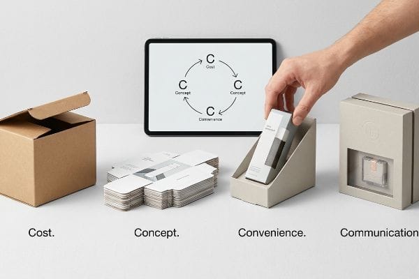 Packaging 4 C's Examples Brown box, flat dielines, product in display, window box, illustrating the 4 C's of packaging.