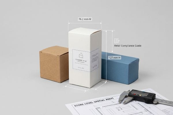 Box Dimensions Retail Compliance White cosmetic box (76.2 mm W, 127 mm H), brown and blue boxes, digital caliper, and Retail Compliance Guide.