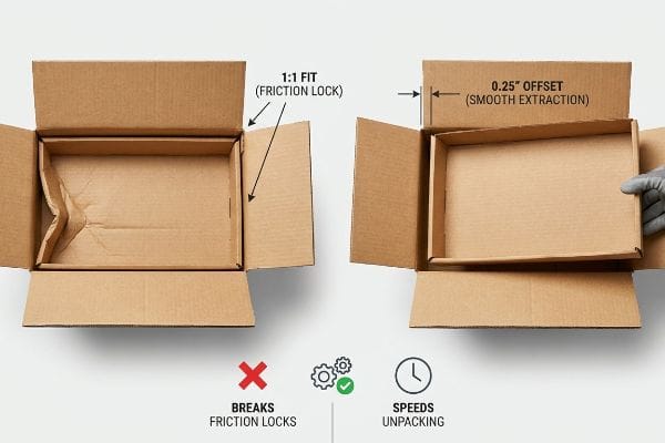 Offset Speeds Unpacking Raw corrugated boxes illustrate a 1:1 Fit Friction Lock causing damage versus a 0.25-inch Offset for Smooth Extraction, improving unpacking speed.