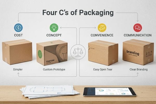 An infographic illustrates the Four C's of Packaging: Cost (Simpler box), Concept (Custom Prototype), Convenience (Easy Open Tear), and Communication (Clear Branding).