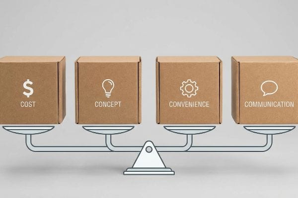Four C's Packaging Balance Four brown cardboard boxes on a balance scale, labeled Cost, Concept, Convenience, and Communication, representing packaging design pillars.