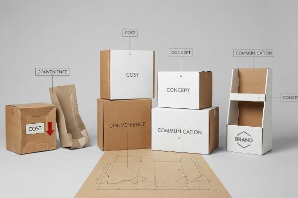 Verschiedene Verpackungselemente veranschaulichen die vier Cs des Designs: Kosten, Konzept, Komfort und Kommunikation, zusammen mit einer Markenpräsentation und einem Stanzformentwurf.