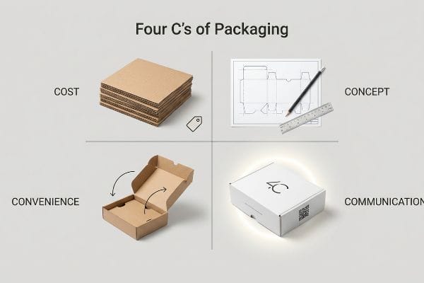 A visual guide to the Four C's of Packaging, displaying Cost with corrugated cardboard, Concept with a dieline blueprint, Convenience with an unassembled box, and Communication with a white product box and QR code.