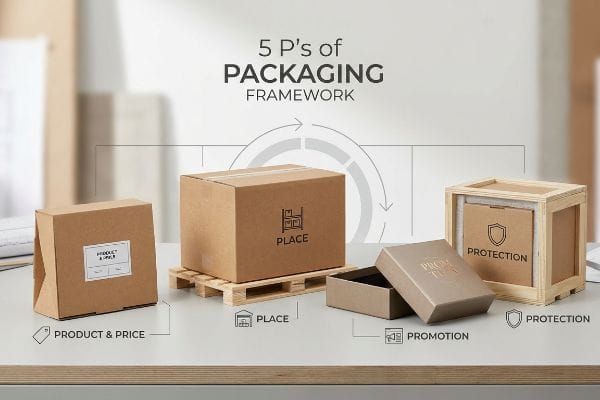 إطار عمل التغليف ذو العناصر الخمسة صناديق بيع بالتجزئة بنية اللون وصندوق خشبي على مكتب، توضح العناصر الخمسة لإطار عمل التغليف: المنتج والسعر، والوضع على منصة نقالة، والترويج بنص ذهبي، والحماية في صندوق.